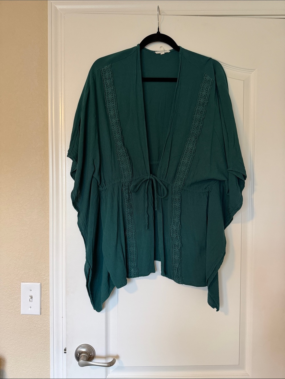 Teal Open Front Kimono Cardigan with Lace Trim